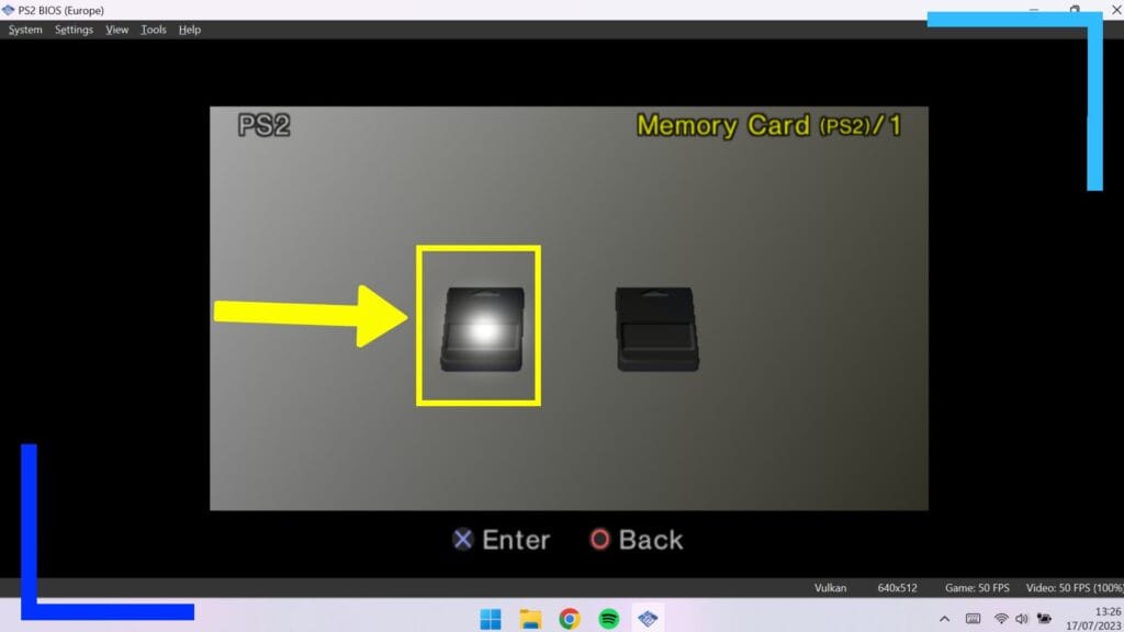 Screenshot of the PS2 memory card screen on PCSX2. A yellow arrow points to the memory card icon.