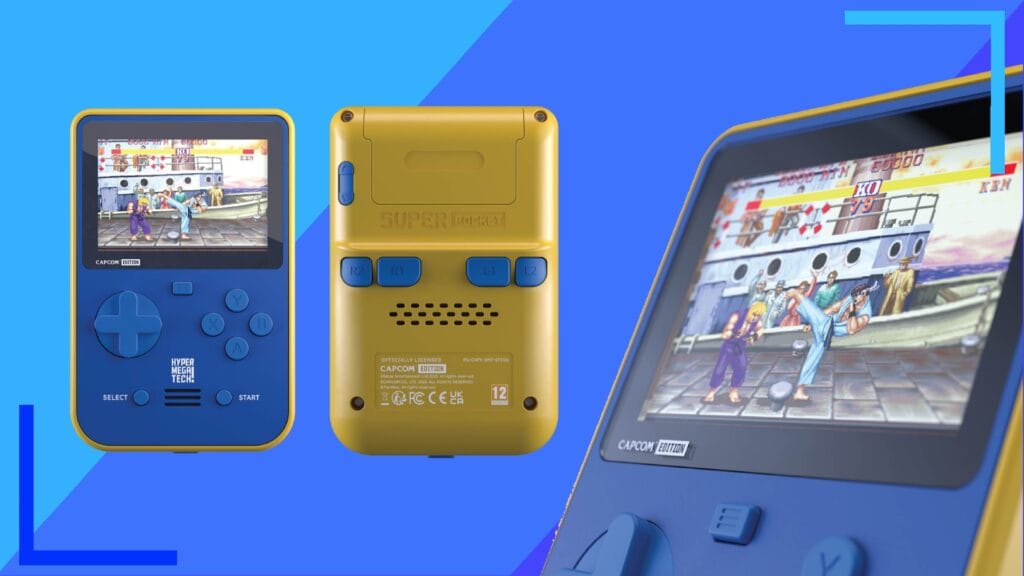 Promo shots of the Capcom Super Pocket from the front, back, and a close up of the screen with Street Fight II on.