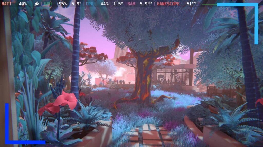 Screenshot from Viewfinder on Steam Deck showing lush tree in the center of a garden area.