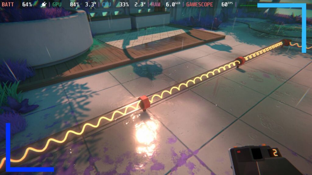 Screenshot from Viewfinder on Steam Deck showing a yellow wire snaking across a stone floor.