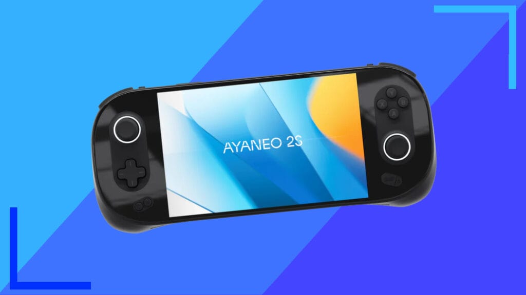 The black AYANEO 2S console on a blue background.