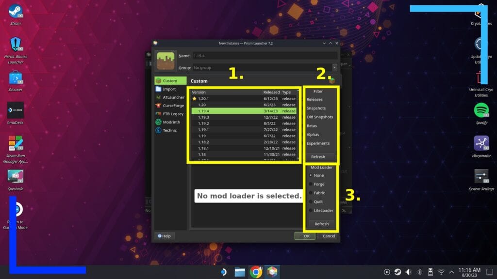 Screenshot of the Prism Launcher with yellow boxes and numbers that correspond to what the article discusses.