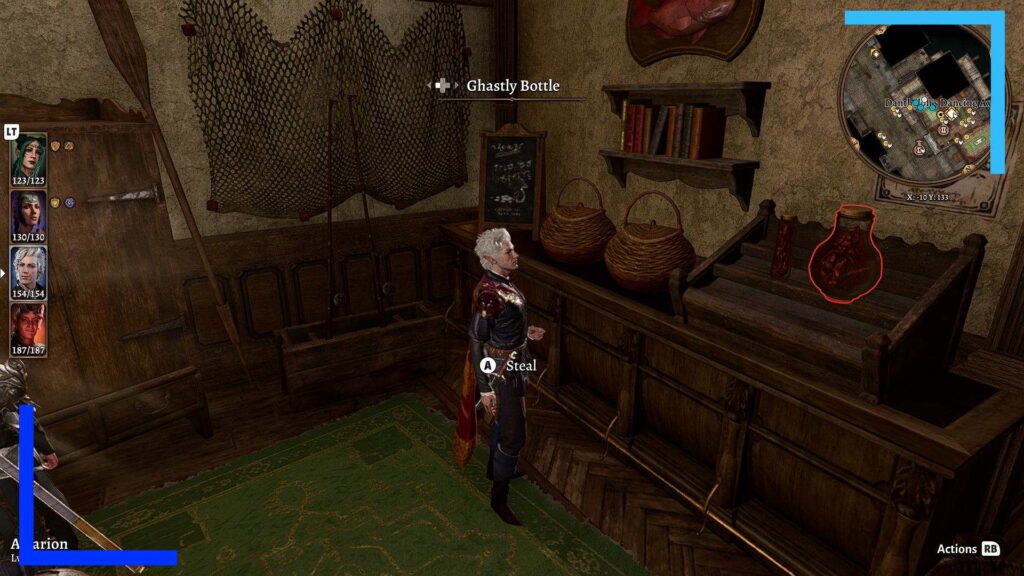 Screenshot showing a fancy vampire inside a Medieval-style house with lots of brown furniture.