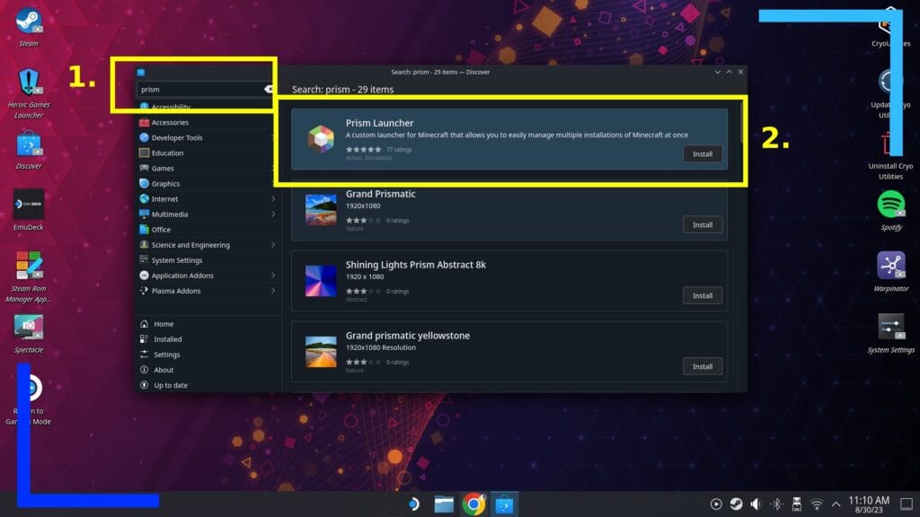 Screenshot of the Steam Deck desktop with the Discover Store open and yellow boxes and numbers to show the order to click in.