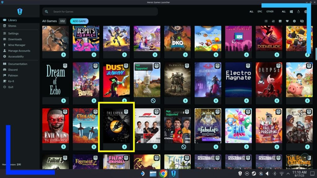 Screenshot of my Epic Games library in Heroic with a yellow box around The Expanse.