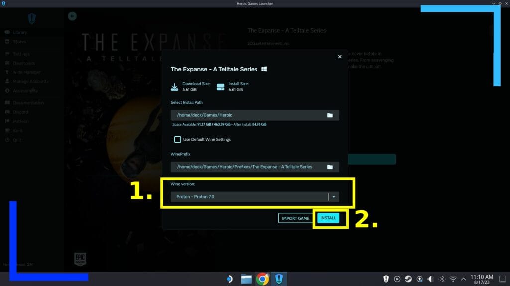 Screenshot of the Heroic installation window with yellow numbers and rectangles to show where to click and the order.