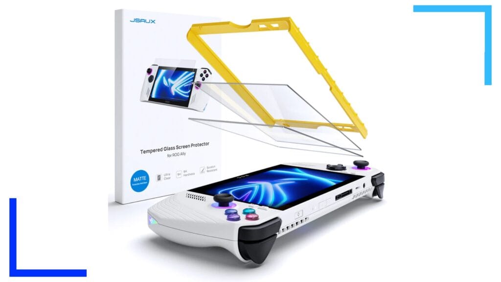 Promo shot of the JSAUX screen protector showing a ROG Ally with the screen protector and yellow plastic shell angled above it.