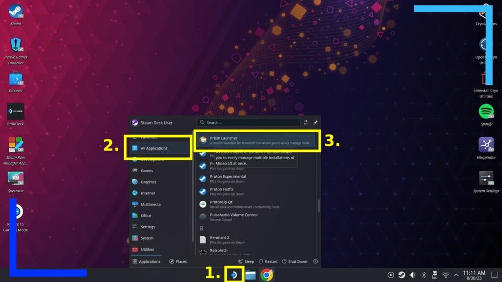 Screenshot of the Steam Deck desktop with yellow boxes and numbers to show the order to click in.