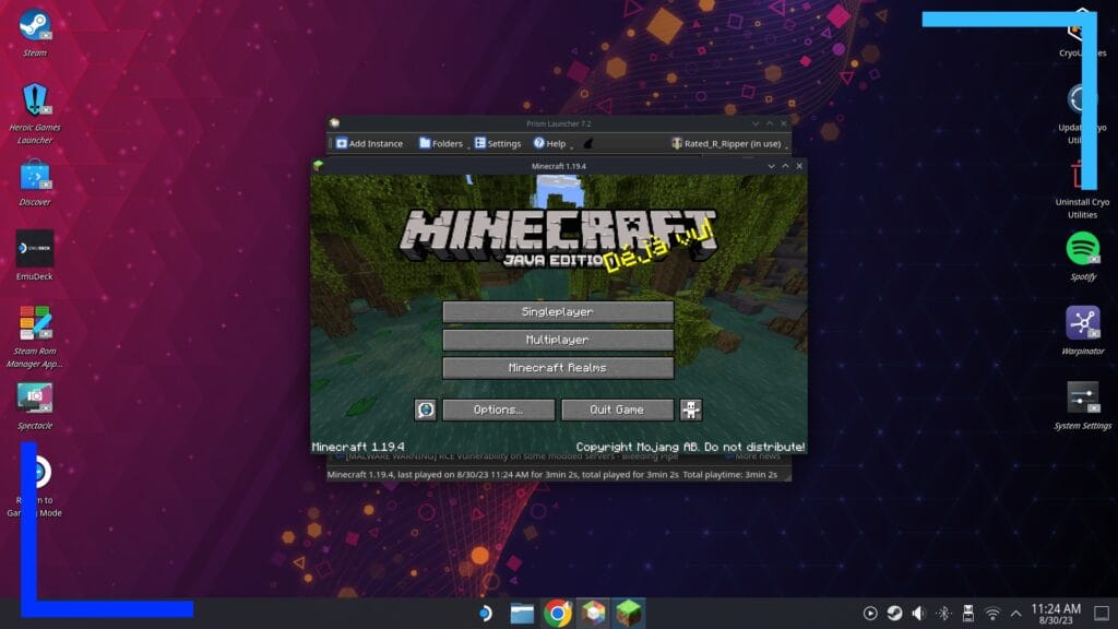 In the foreground is Minecraft running on the Steam Deck. The background is the Steam Deck desktop screen.