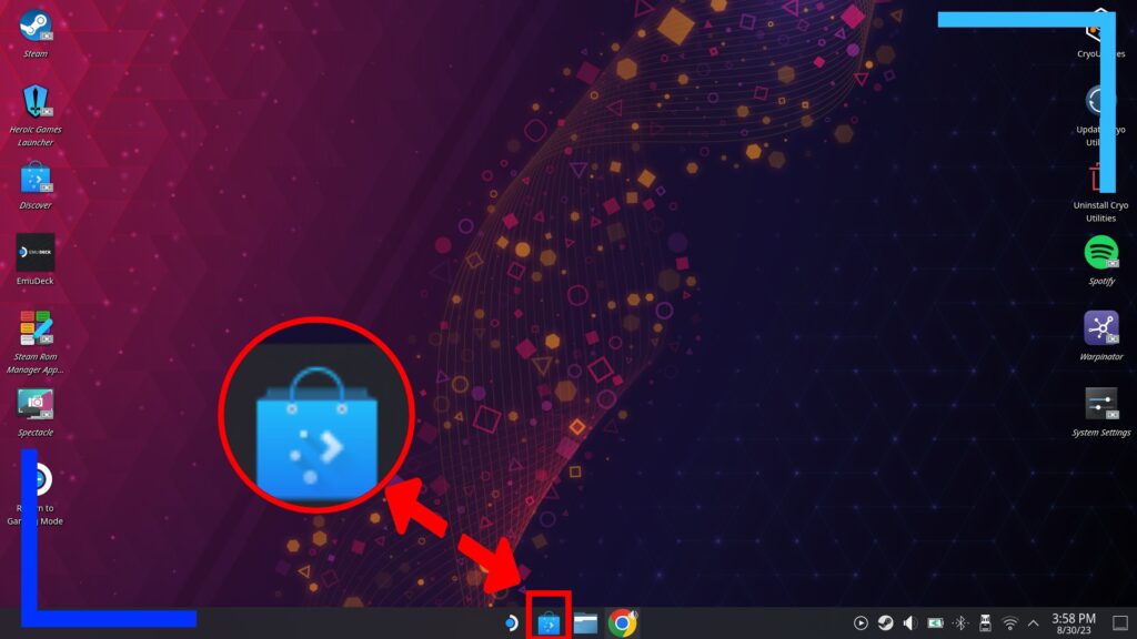 Screenshot showing my Steam Deck desktop with a red box around the Discover icon and another red arrow pointing to an enlarged version of the icon to make it easier to see.