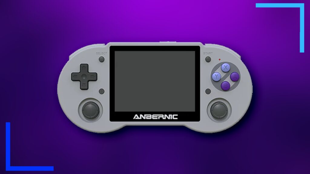 The gray, SNES style Anbernic RG353P on a purple background.