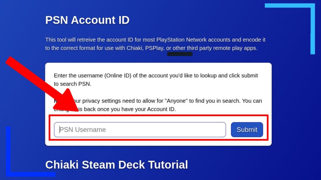 Screenshot of the website mentioned with a red arrow pointing to where to enter your PSN name.