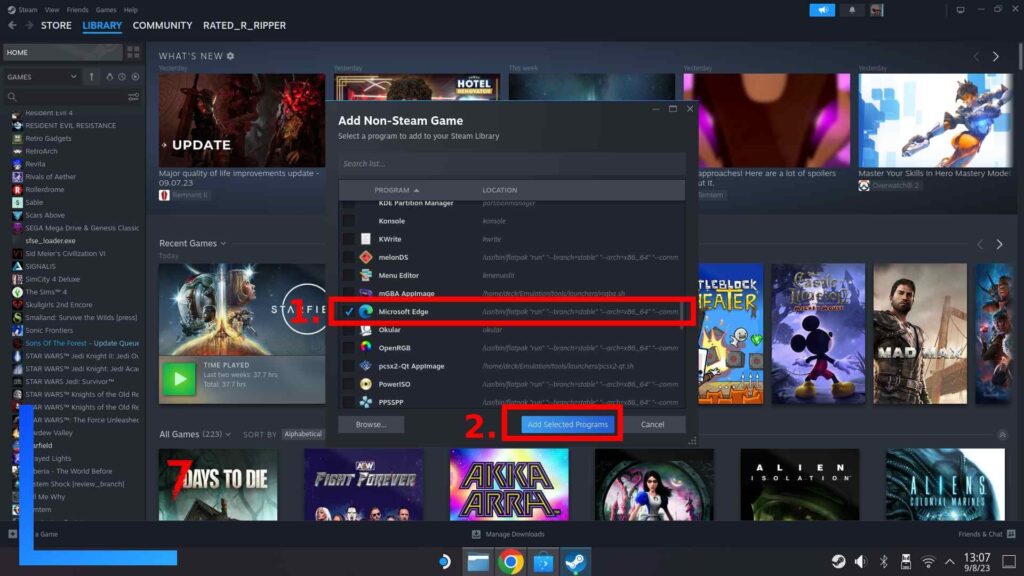 My Steam Library with the add game menu open. Two red numbers and boxes correspond to the the article.