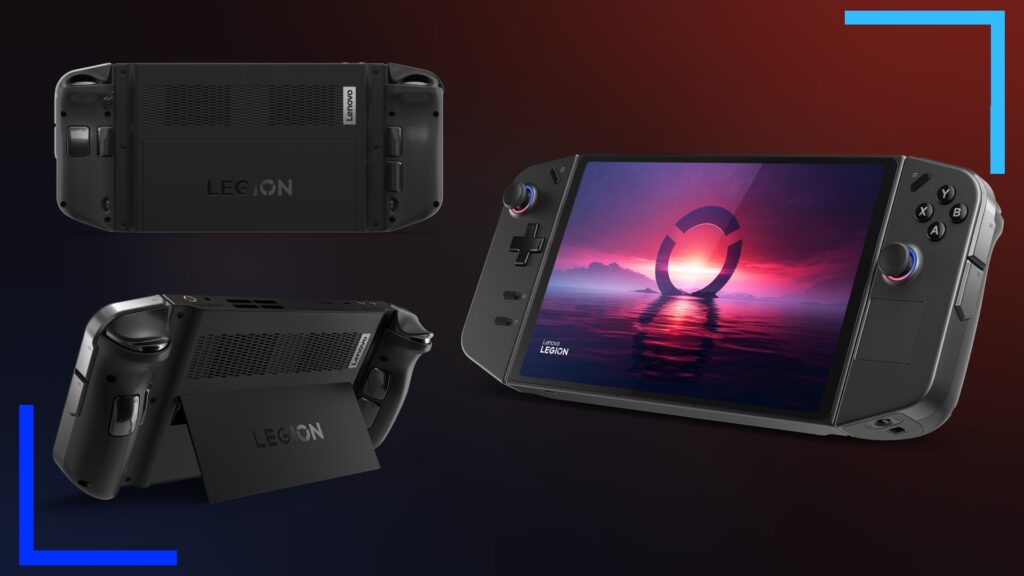 Image showing the Lenovo Legion Go from the front, back, and with the kickstand open.