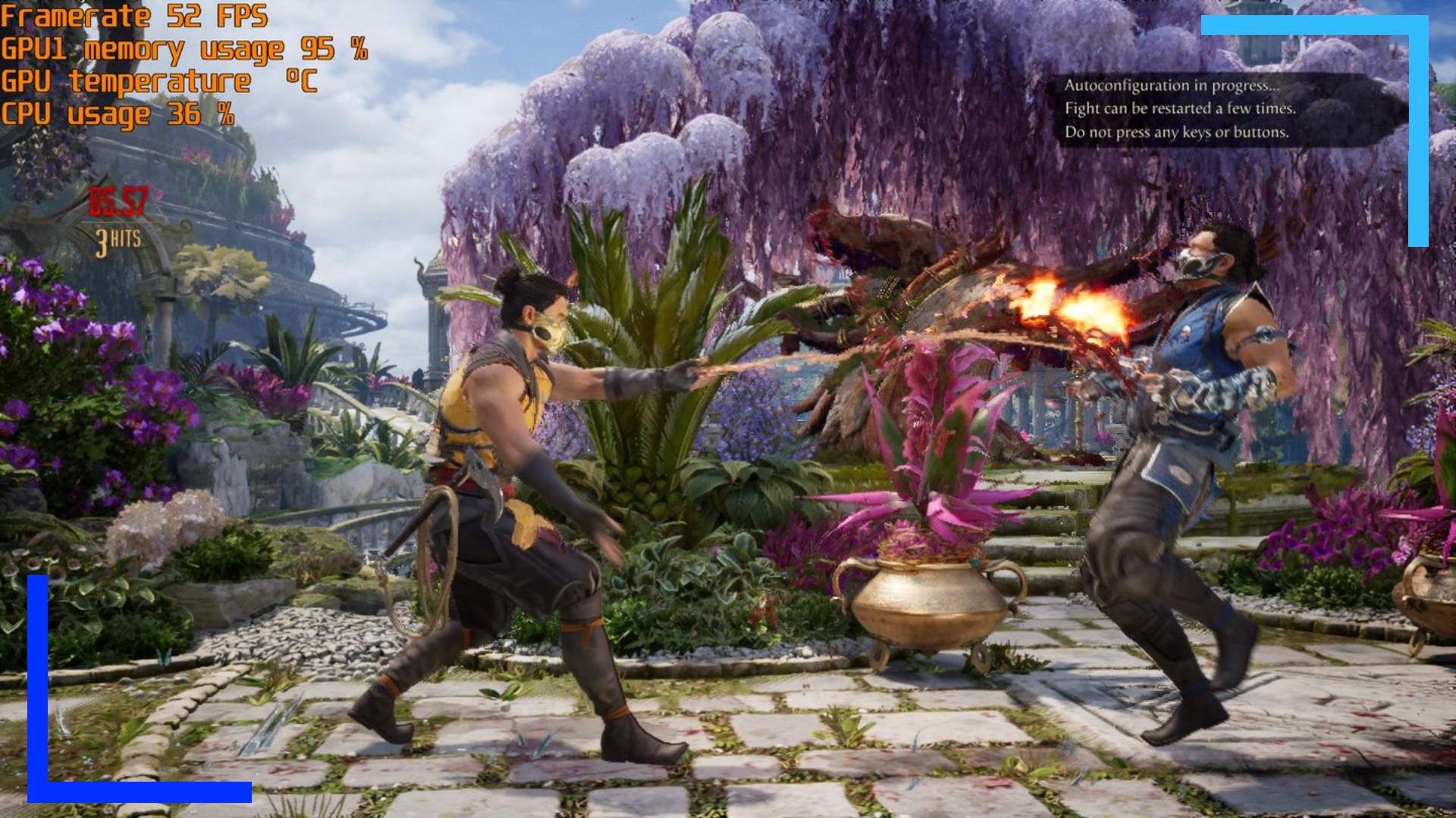 Screenshot from Mortal Kombat 1 running on my ASUS ROG Ally showing a yellow ninja throwing a spear and a blue ninja. 