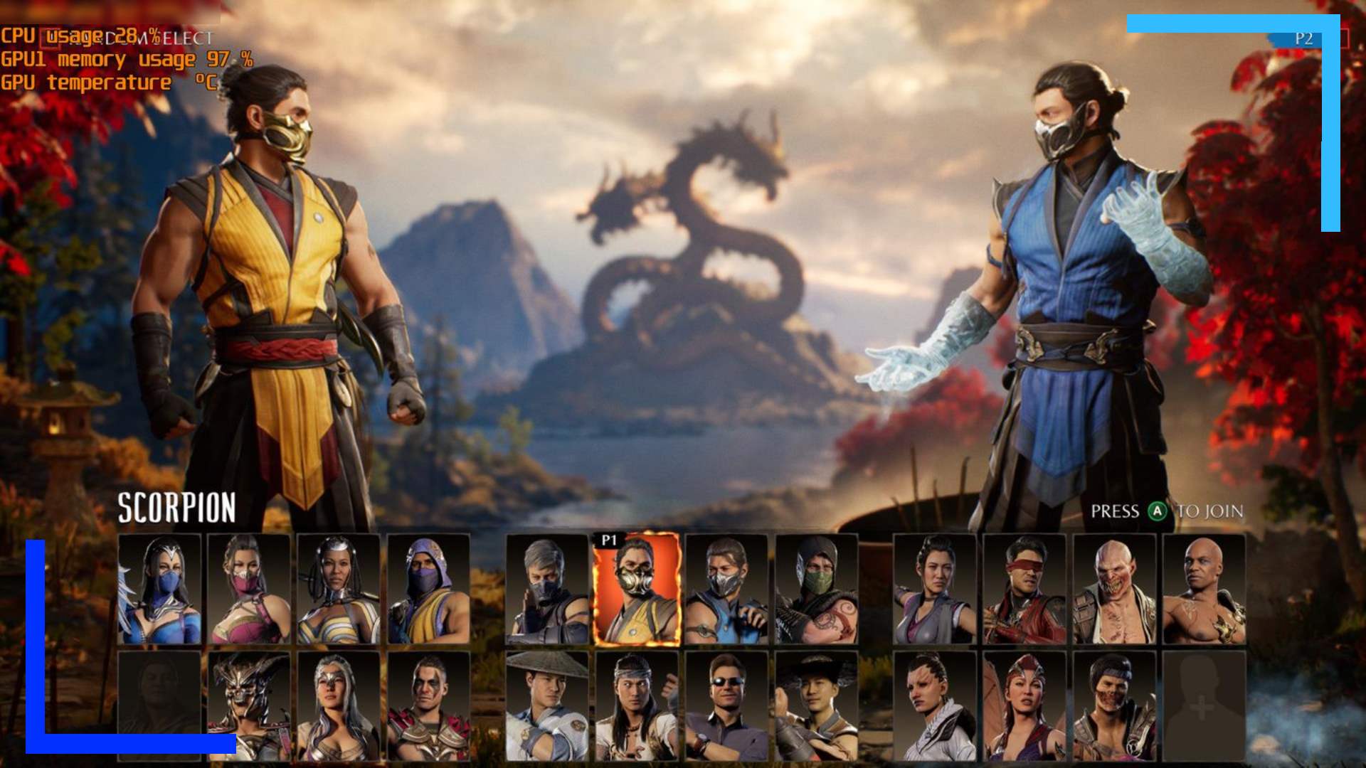 Screenshot form Mortal Kombat 1 running on the ROG Ally showing a large yellow and blue ninja with character portraits below.