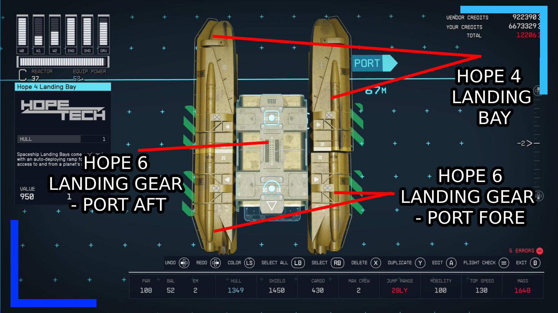 Screenshot from Starfield showing the first step with lines coming from the specific part mentioned and the same text as the article to explain the pieces.