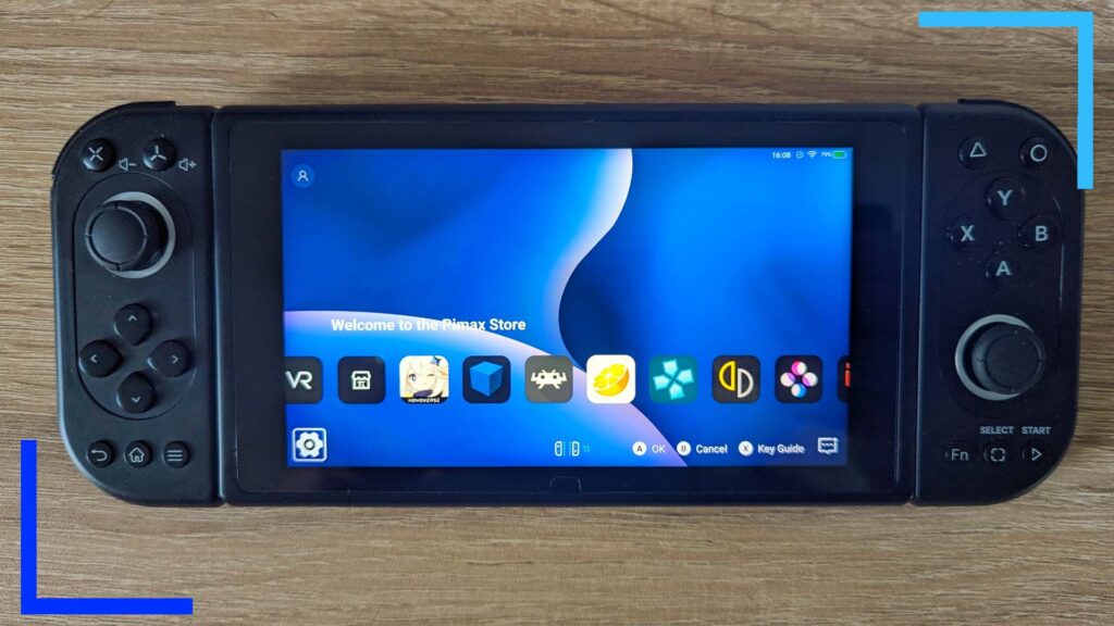 Top down photo of the black Pimax Portal with the blue home screen open.