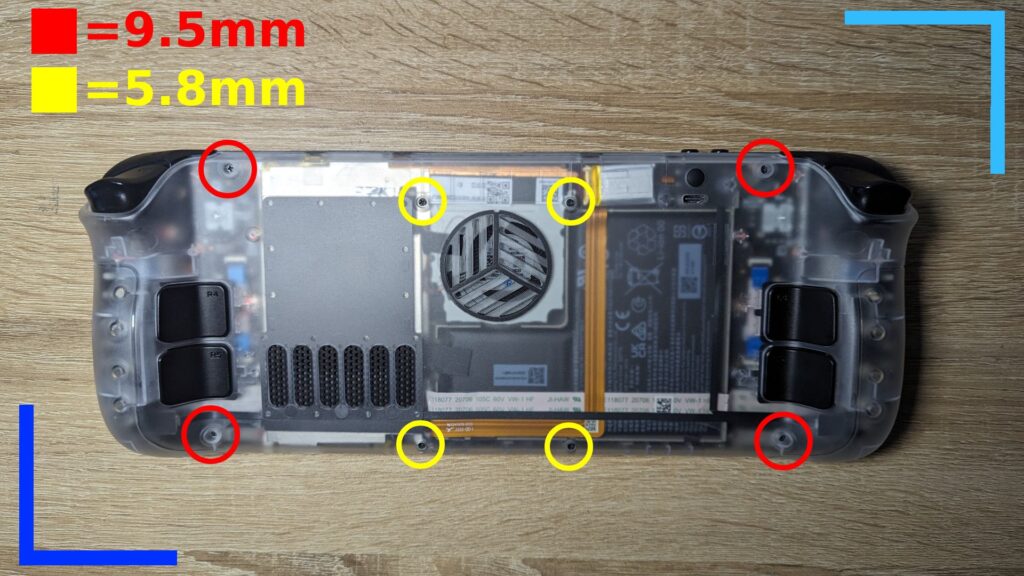 The back of my Steam Deck with red and yellow circles over the screw holes. A key in the top left corner explains red is 9.5mm screws and yellow is 5.8mm screws.