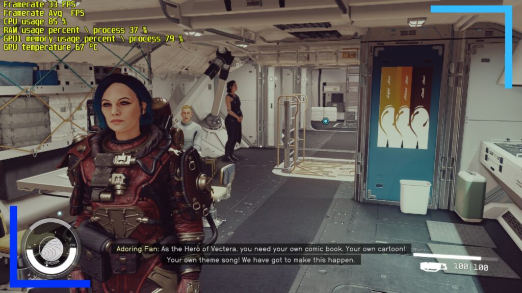 My starfield character with dark hair wearing a red spacesuit in a white, clinical spaceship.