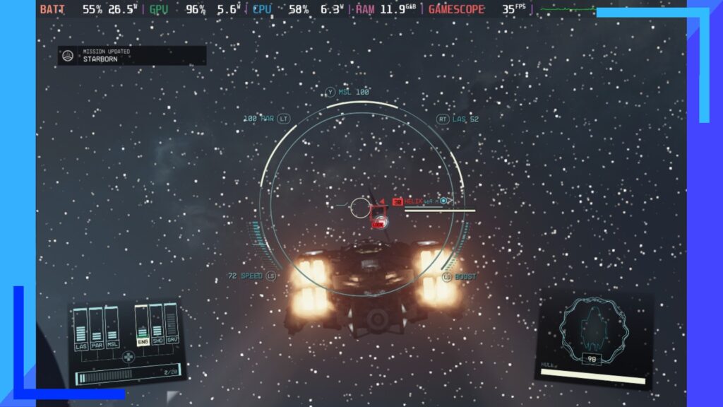 A space fight in Starfield showing hundreds of stars and a ship at the center firing.