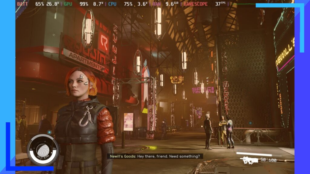 Image shows a red-haired player character in a cyberpunk neon city.