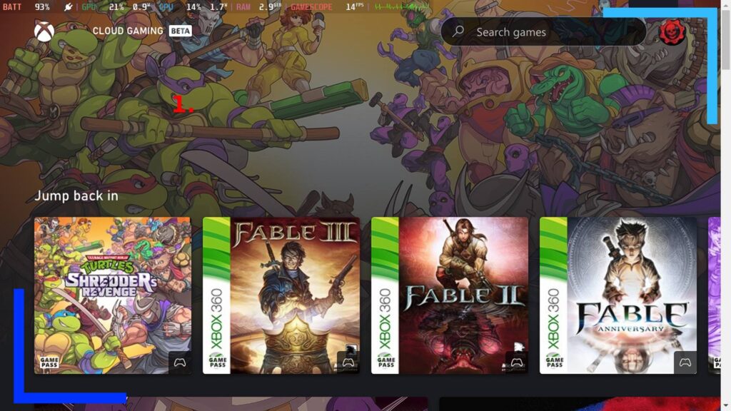 This image shows the main xCloud Xbox App running on a Steam Deck.