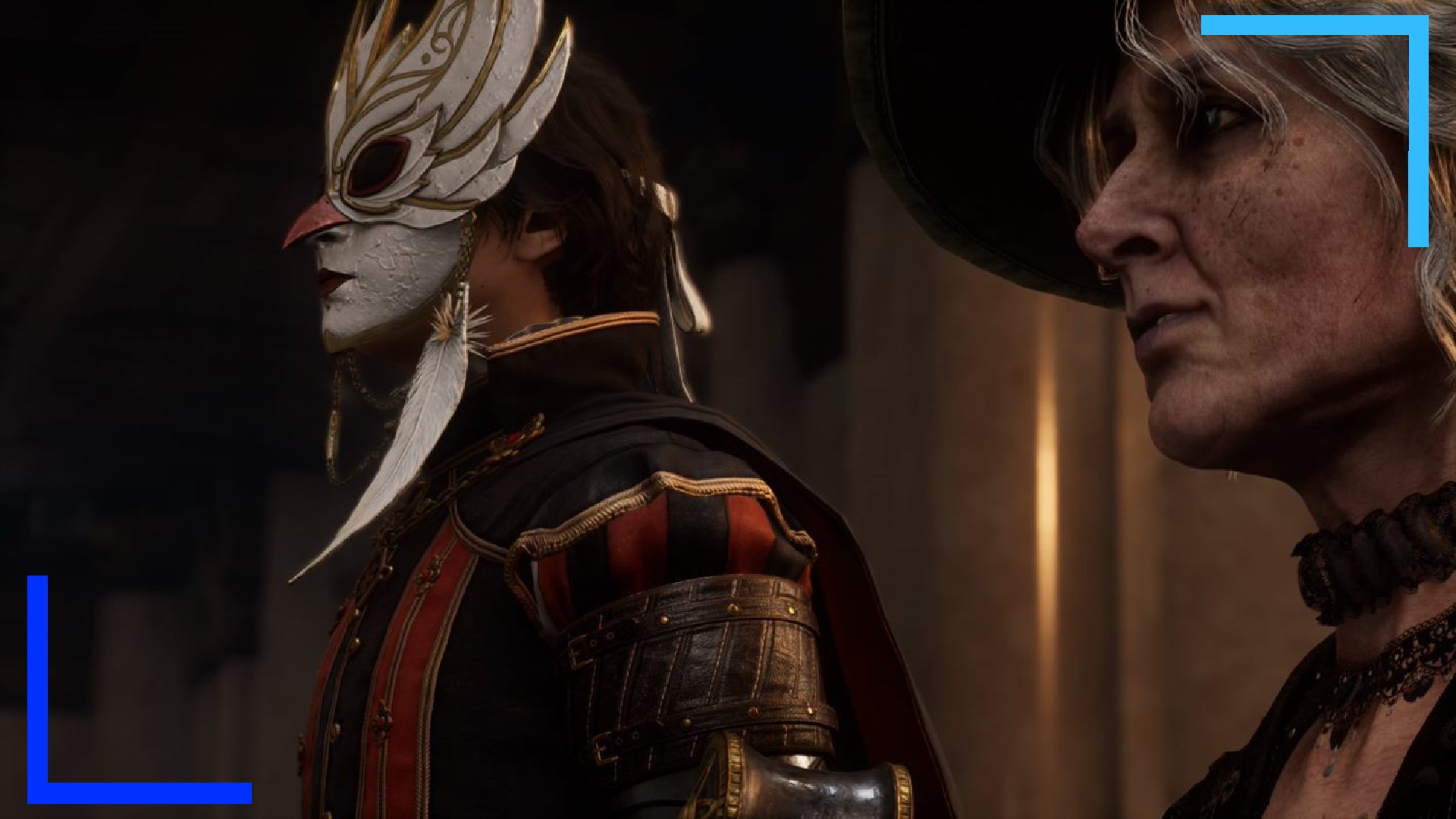 A close up screenshot of the main character in a white, brid-like mask next to an elderly lady.