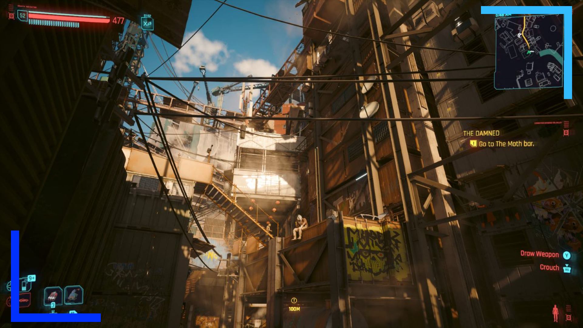 Light creeps in through an alleyway as people sit on bridges looking lost.