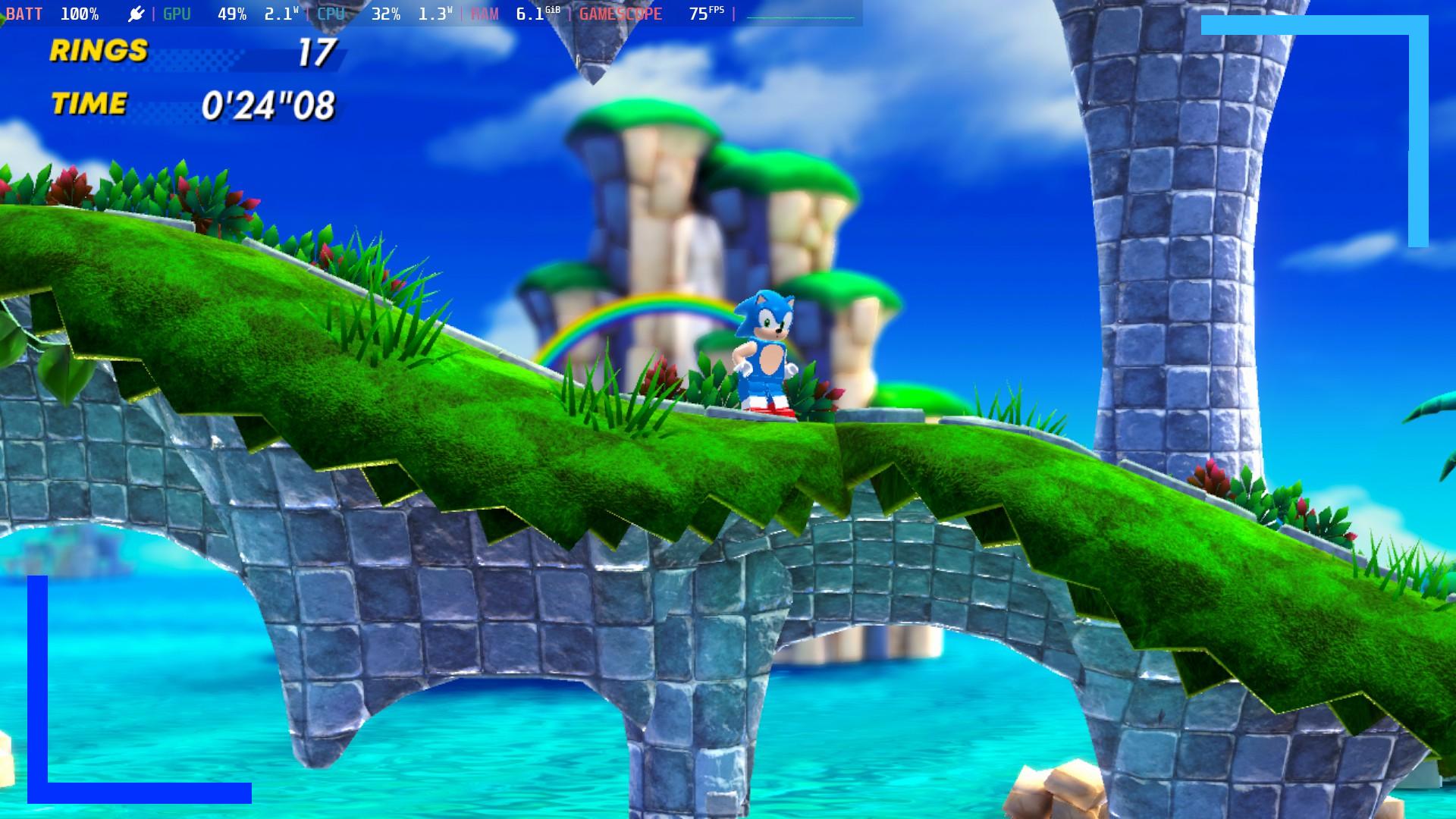 Sonic stands in a green field with gray rocky undersides.