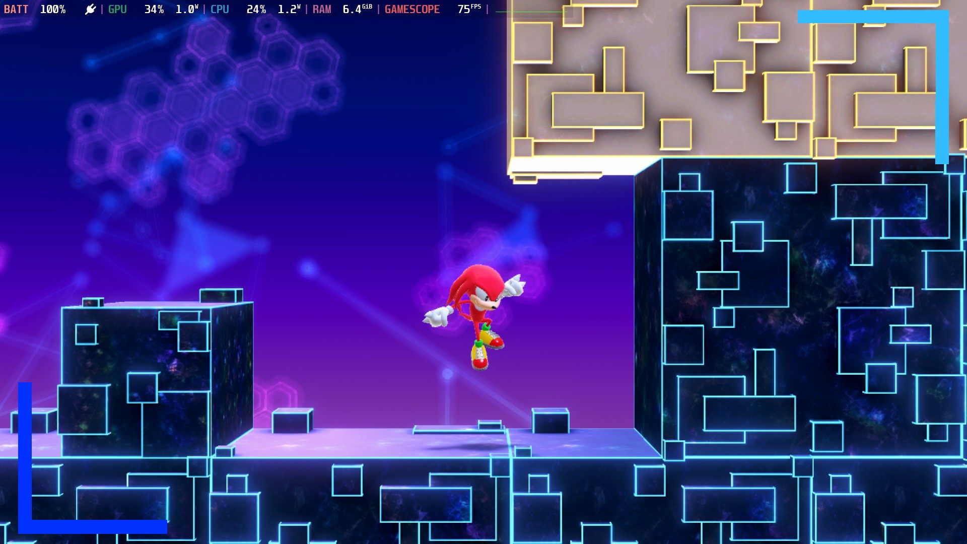 Knuckles the red echidna falls onto a dark cybernetic block.