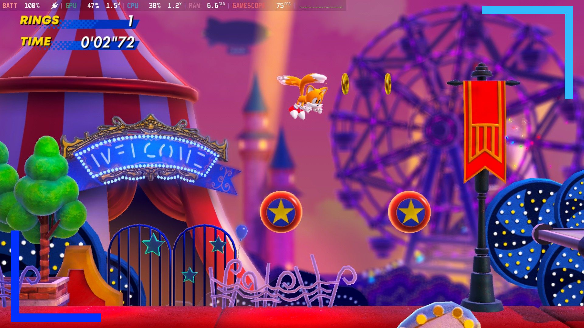 Tails flies through a bright carnival area. 