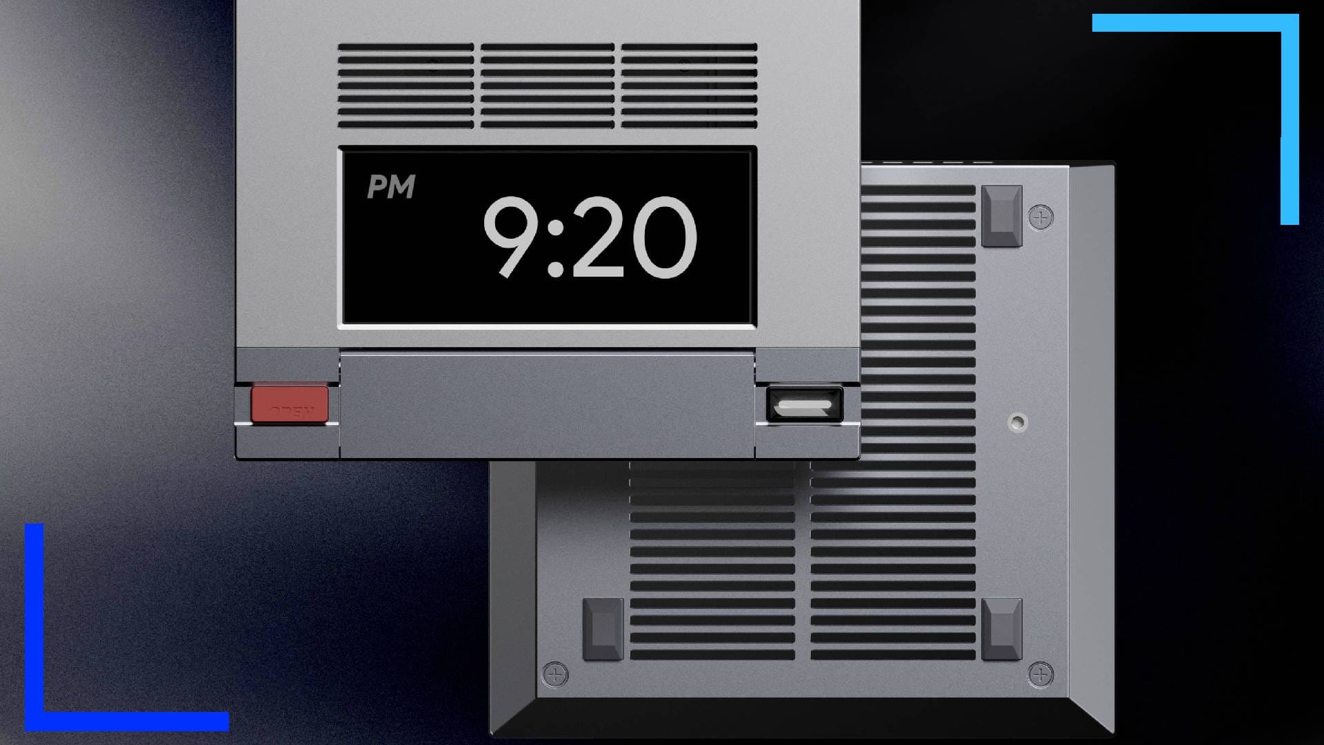 Close up promo shot of the AM02 model, or the NES version, showing the front and back of the device. The LCD screen read the time at 9:20.