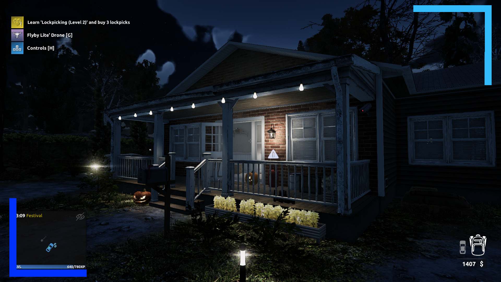 An American house sits in the dark. Only the front porch lights are turned on.