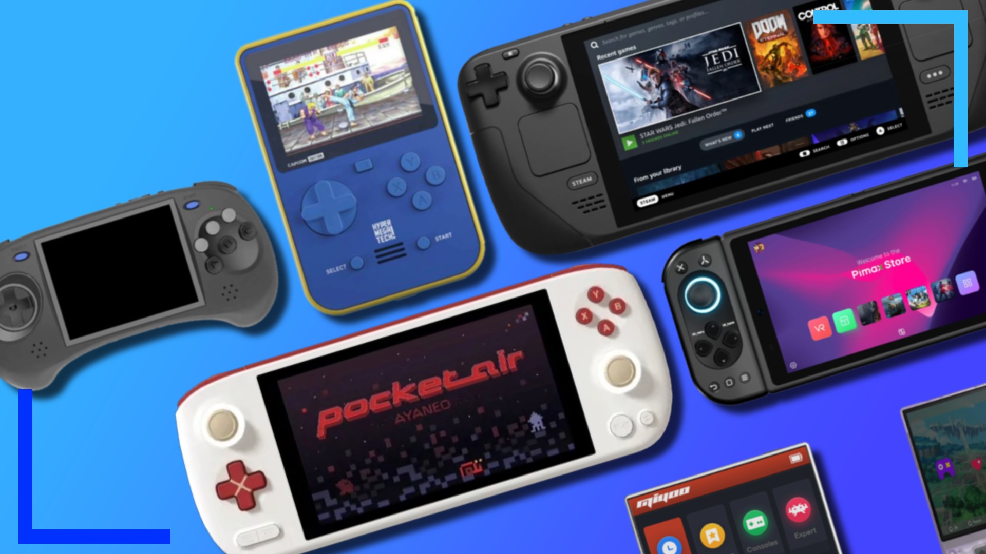 Custom image showing the retro handhelds mentioned in the article on a blue background.