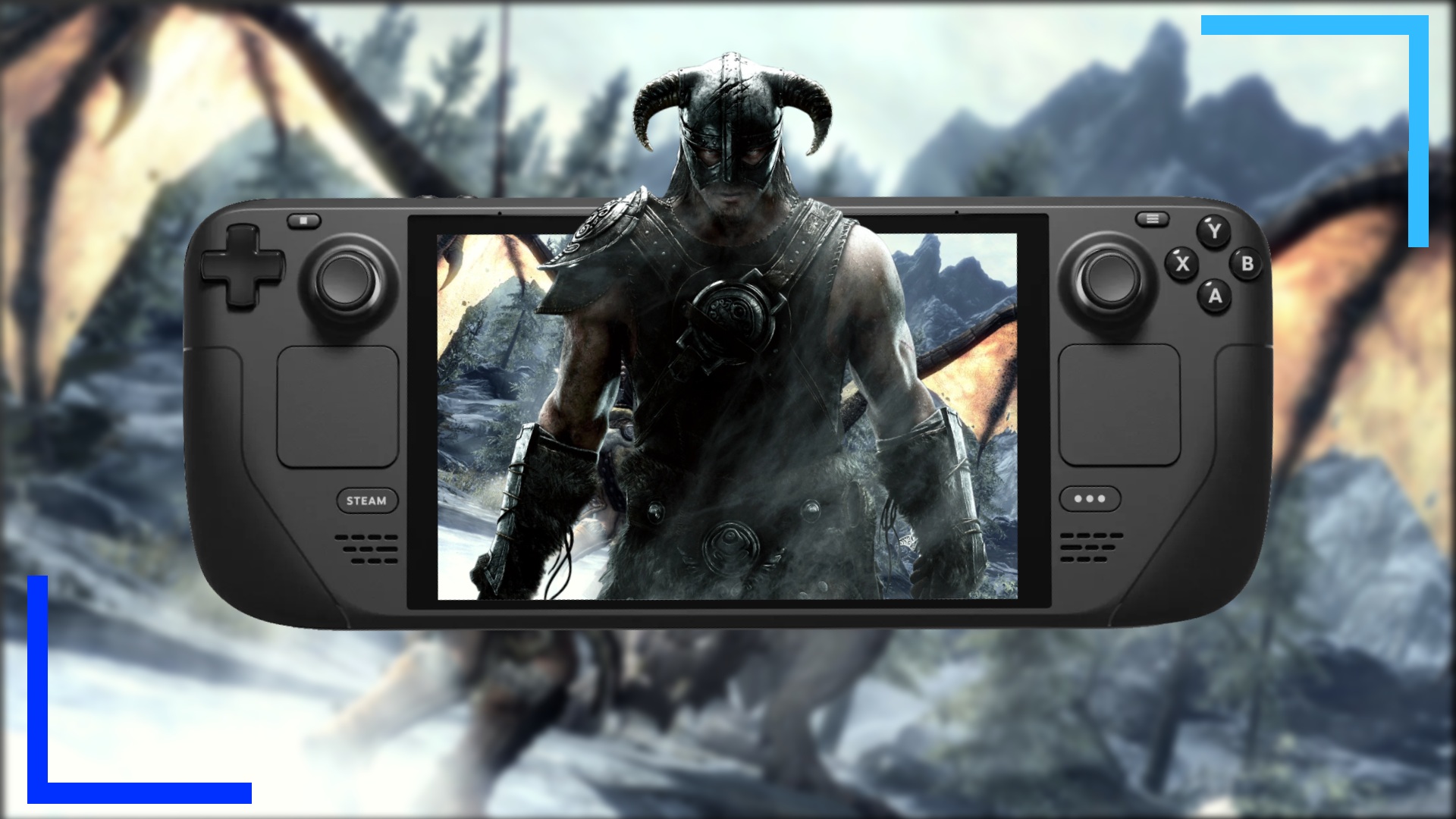 Skyrim shown on a Steam Deck. The main Dragonborn character stands as though he's leaping from the Steam Deck's screen.