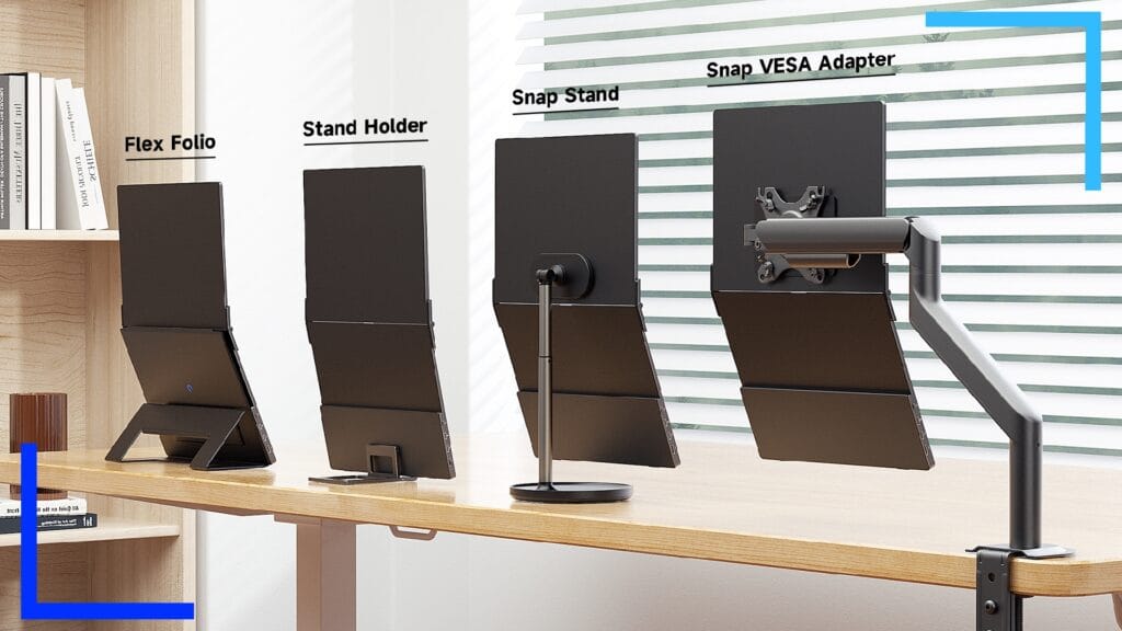 Four differentr FlipGo products, including a monitor arm, stand, and portable stands.