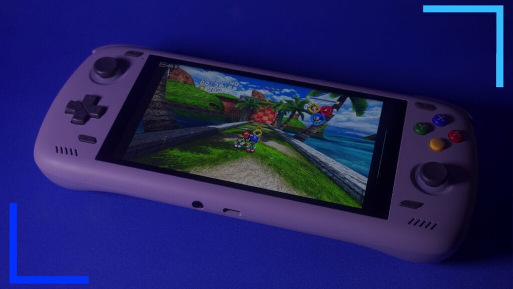 The gray AYN Odin2 with Sonic Heroes on the main screen.