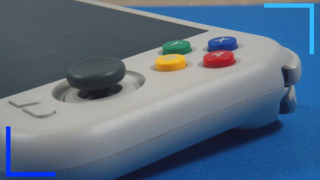 A close up photo showing the main four face buttons in different colors and the right thumbstick.