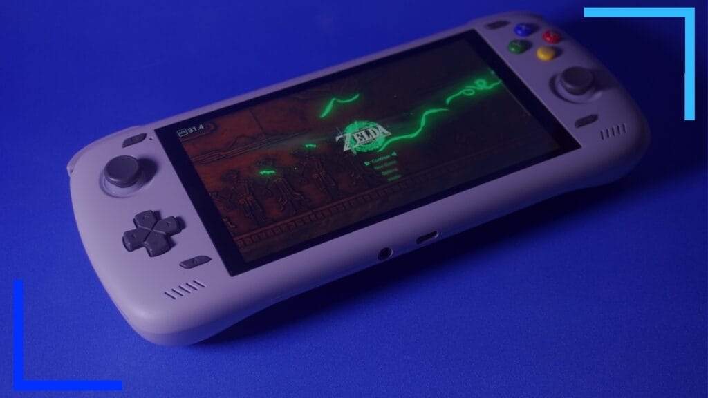 The gray AYN Odin2 with Zelda's main title screen on the main screen.