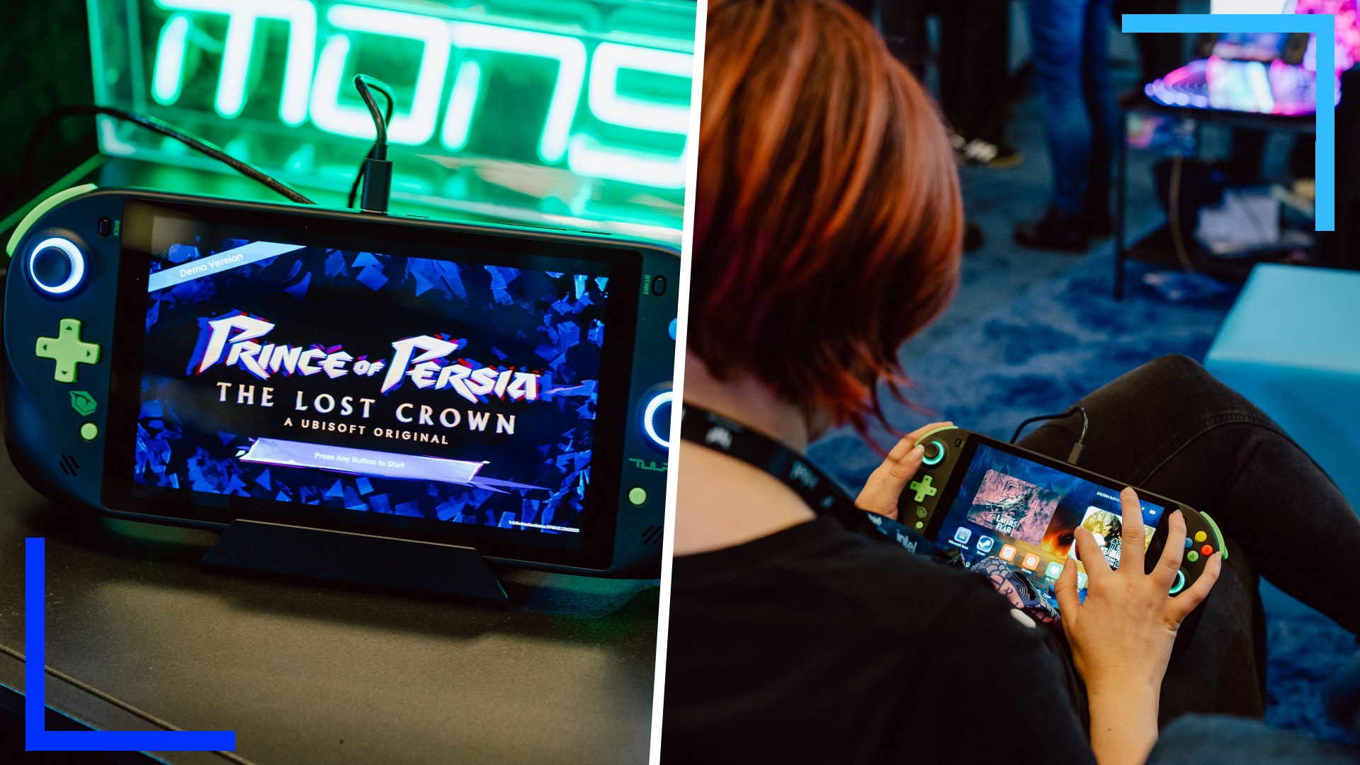 Two photos with a white line separating them. The left image shows The Tulpar handheld on an oak table. The right shows a red haired woman playing on the device.