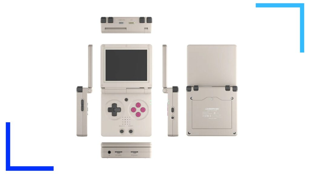 RG35XXSP in the colors of the SNES (white and purple).