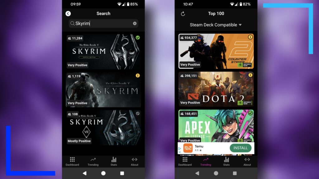 Two screenshots of the SDG app showing Skyrim (left) and multiple top games (right).