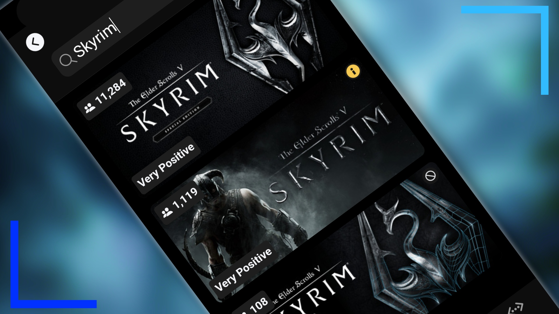 Screenshot showing Skyrim in the SDG Companion app on a blue background.