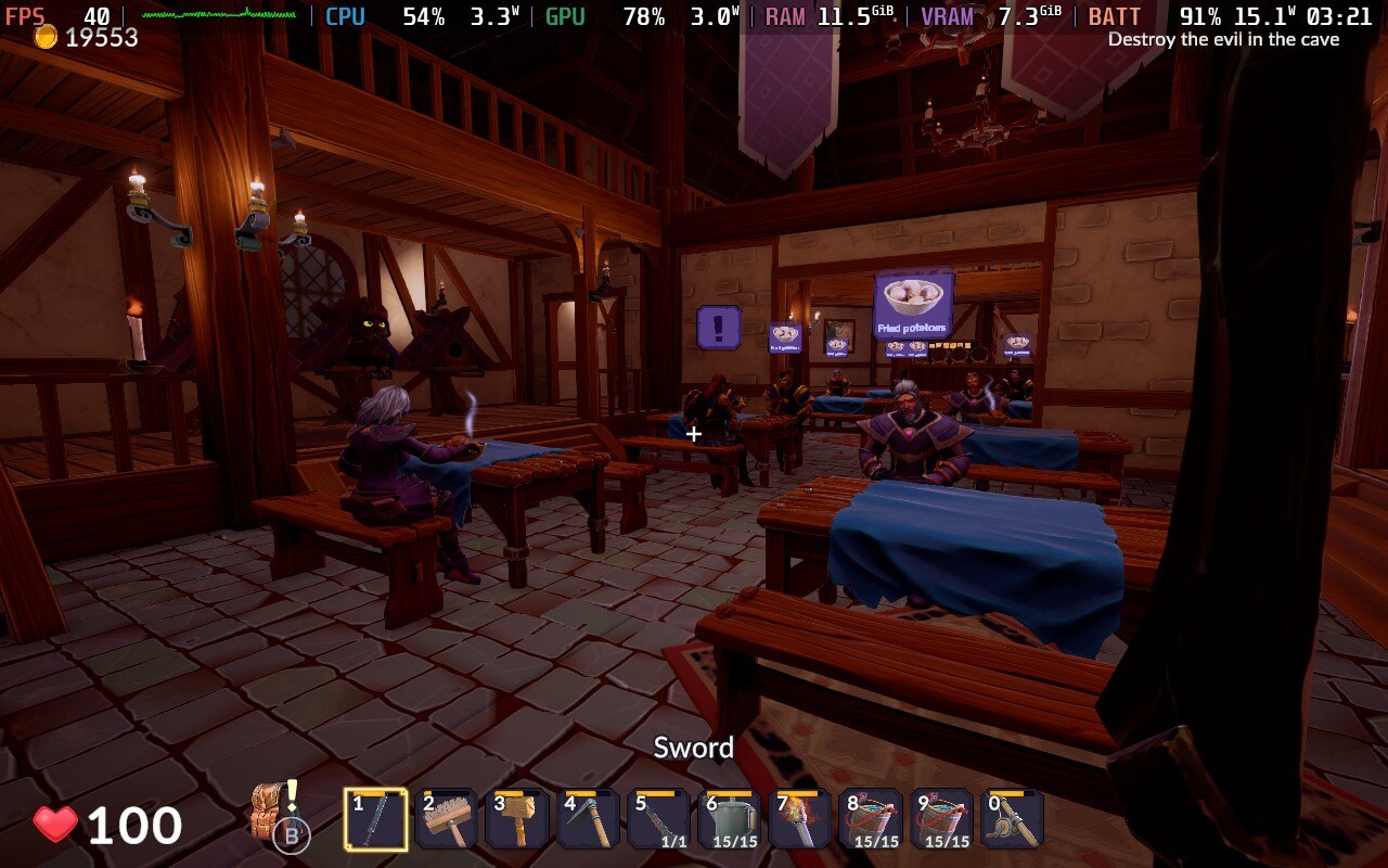 Several tables in a medieval tavern with men and women sitting at them.