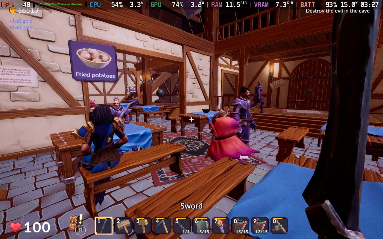 An owl in red serves tables in a busy medieval tavern.