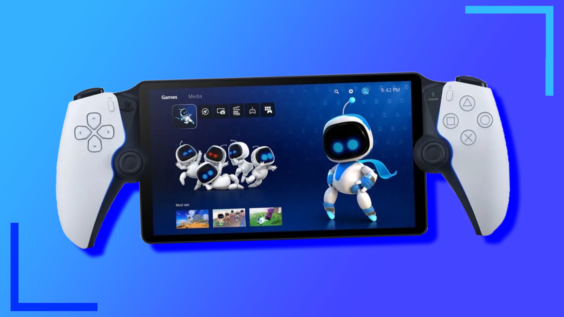 The PS Portal, with Astrobot on the screen, on a blue background.