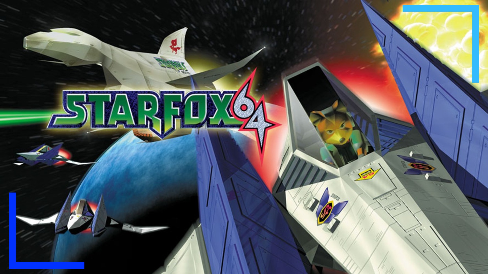 The star fox arwing soars into the bottom right corner of the image.