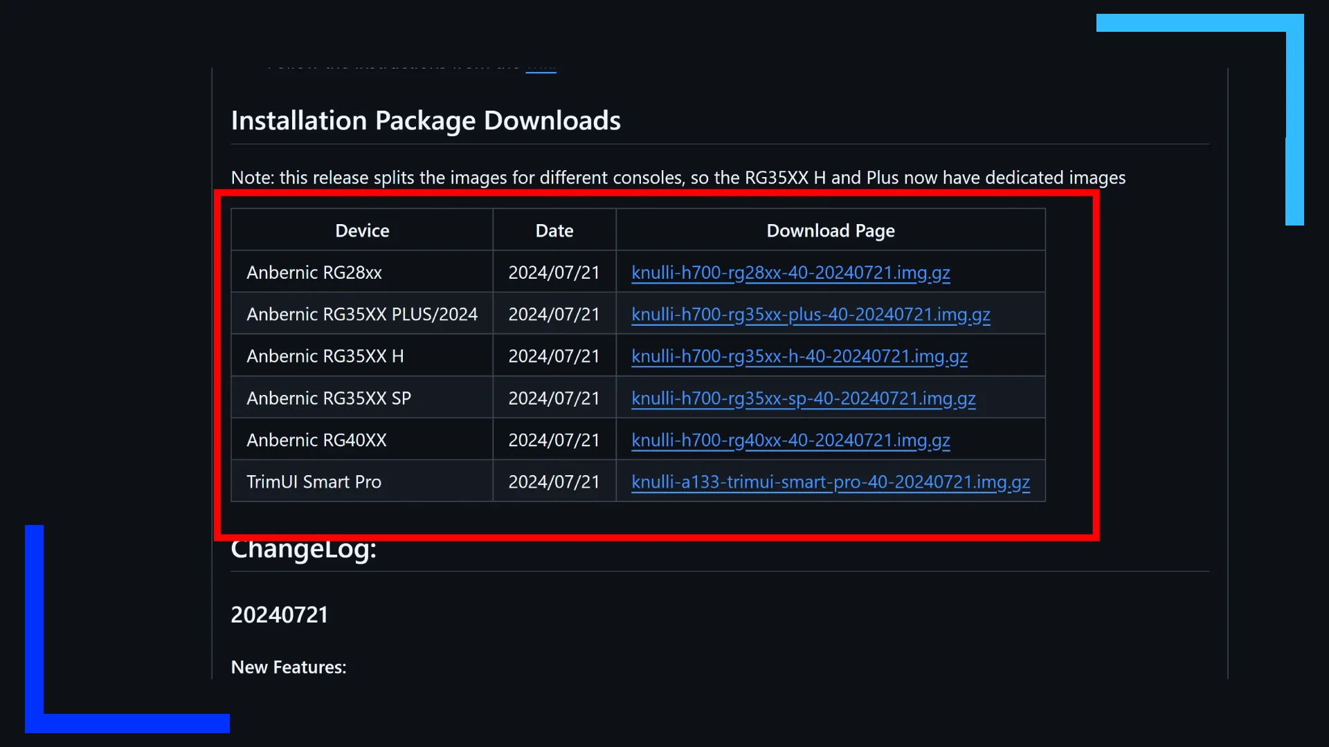 Screenshot of the Knulli GitHub page with the download links highlighted to make them easier to see.