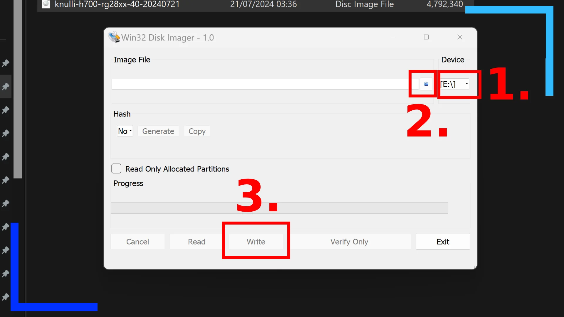 Screenshot of the imaging software Win21 Disk Imager with red boxes and red numbers to guide the user through where to click.